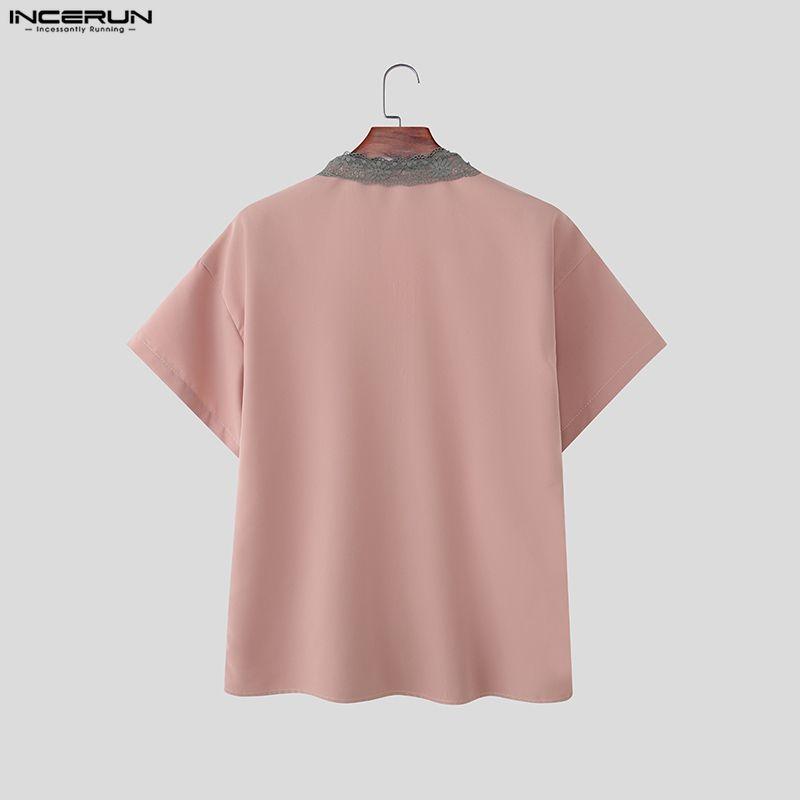 INCERUN Summer Men Lace Tie Up Short Sleeve Casual Oversized Shirts