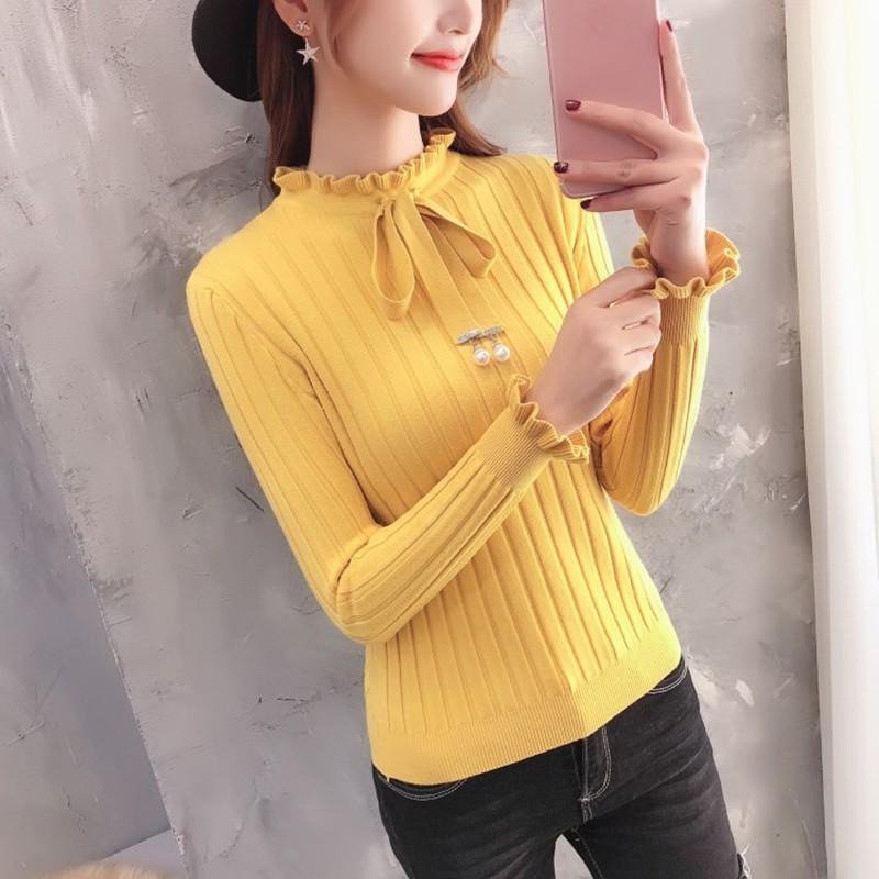 Women Autumn Winter Solid Color Slim Long-Sleeved High Collar Slim Bottom Knit Sweater