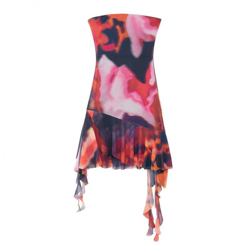 

Summer New European & American Women s Silk Print Strapless Dress M