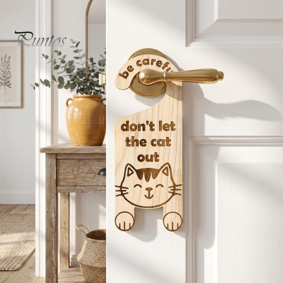 Cat Cafe Decorative Hanger Warning Door Handle Sign, Wooden Cartoon Hanging Reminder, Pet Room Entrance Safety Knob Hanger, for Bedroom And