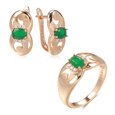 Neues Mode-Ohrring- und Ring-Set für Damen, Roségold mit Mikrowachseinlage, Ovaler Grüner Natürlicher Zirkon, Brautschmuck