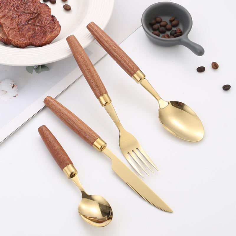 Japanese 304 Stainless Steel Cutlery Set with Wooden Handles: Knife, Fork, Spoon, Dessert Spoon, and Steak Knife for Western Cuisine and Hotel Use.