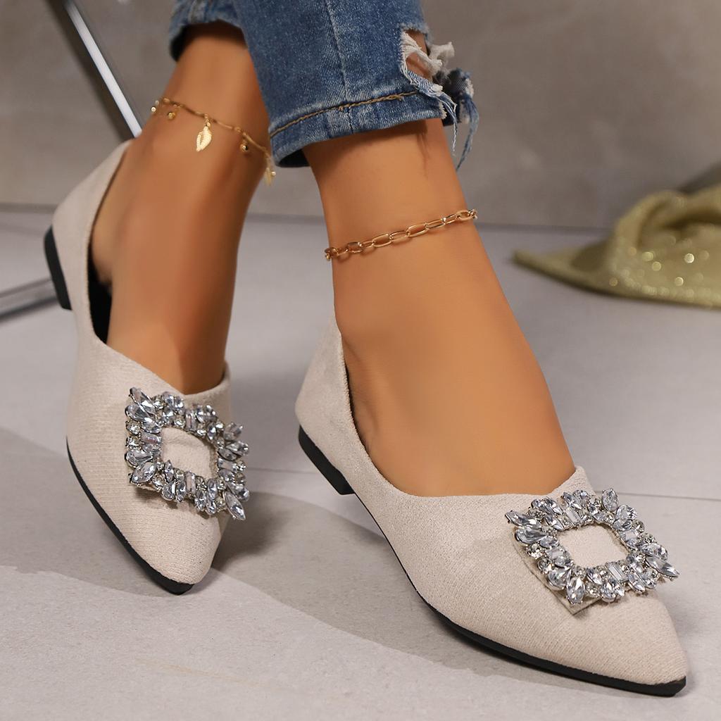 Nouveaux escarpins à bout pointu, couleur unie, strass à boucle carrée de grande taille, décolleté bas, couvre-pied, semelle plate, pour femmes, grande taille