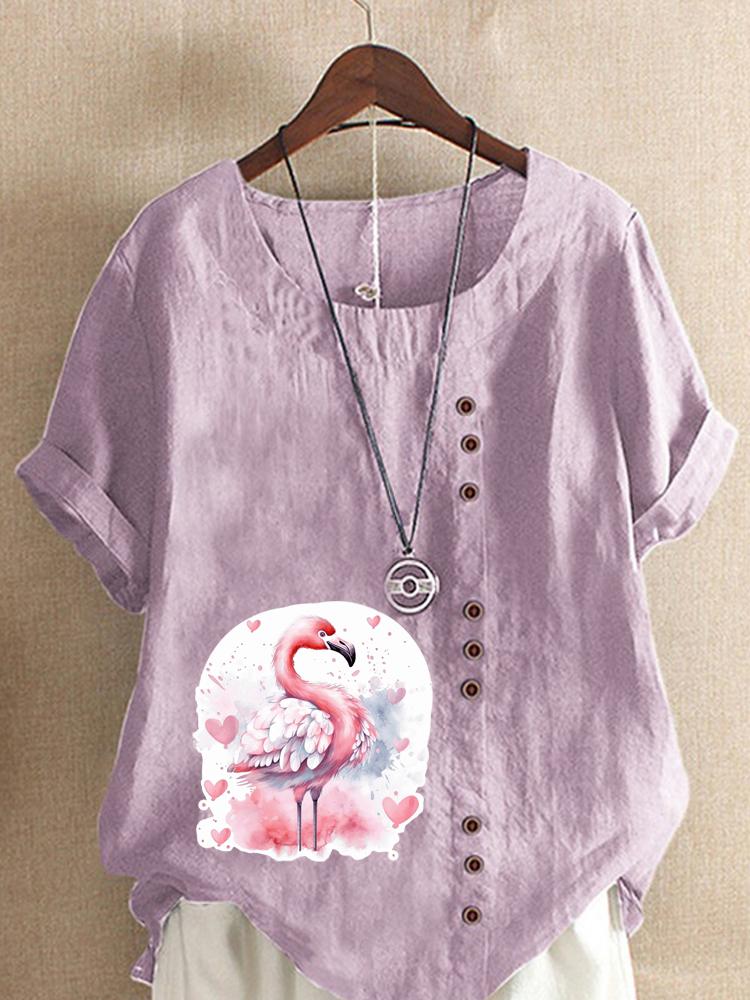 Women's Fashion Love Flame Bird Print Shot Sleeve T-shirt Loose Cotton Shirt Casual Loose Summer Blouse Tops Plus Size