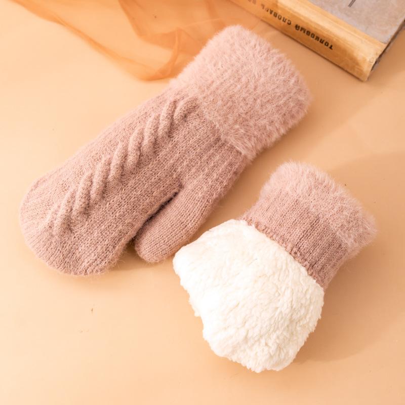 Winter Women Keep Warm Plus Velvet Wrist Thicken Jacquard Twist Wool Knitting Gloves Full Finger Cycling Drive Cute Mittens