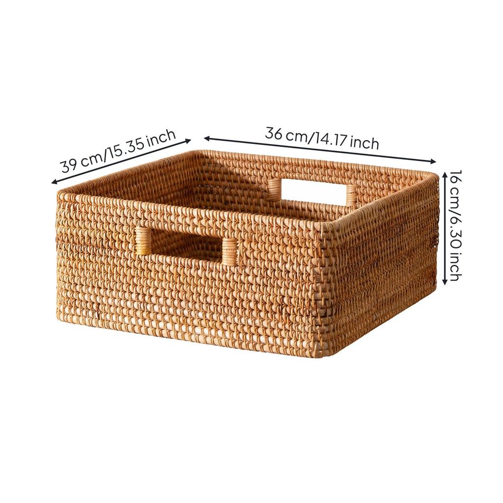 Rectangular Rattan Storage Basket with Handles Sturdy Handwoven