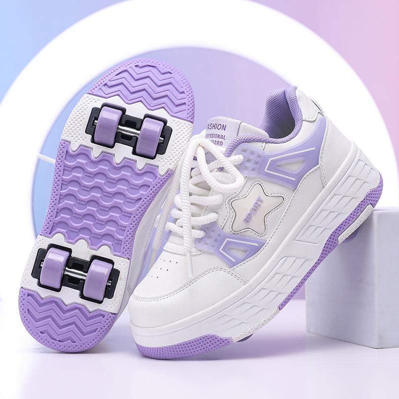 Chaussures Vélo Garçons Filles Adolescents Baskets à Roulettes Chaussures à Poulie Invisible Quatre Roues Amovibles Chaussures Vélo