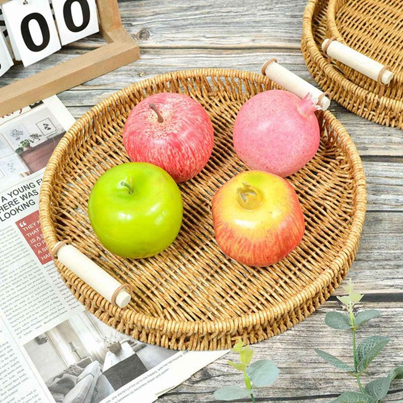 Imitation Rattan Basket Round Square Fruit Bread Storage Basket with Handle Handwoven Storage Tray Home Kitchen Storage Supplies