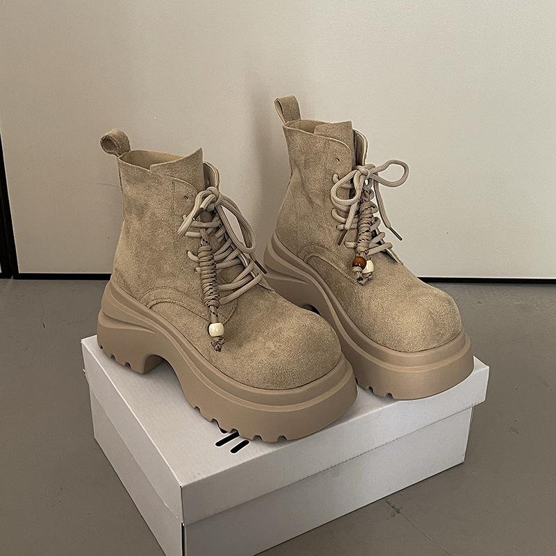 Fashion versatile thick-soled height-increasing and thin Martin boots women's 2025 autumn and winter new lace-up muffin-bottom locomotive boots women