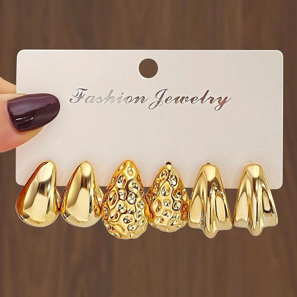 Elegant Geometric Gold Earrings Set - 3 Pairs of Versatile Water Drop Twist Designs