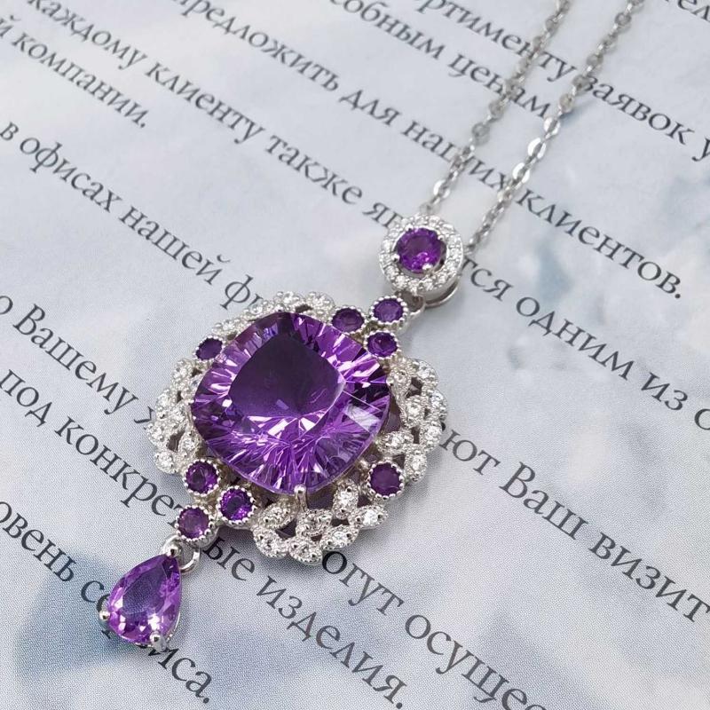 Sace Gems Colier cu pandantiv cu ametist natural de 13 mm din argint S925 pentru petrecere de cocktail de logodna pentru femei. Bijuterii fine