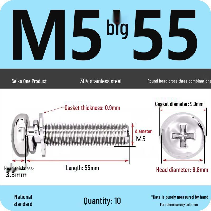 304 Stainless Steel Round Head Phillips Screw with Flat Washer (Sizes M3, M4, M5, M6)