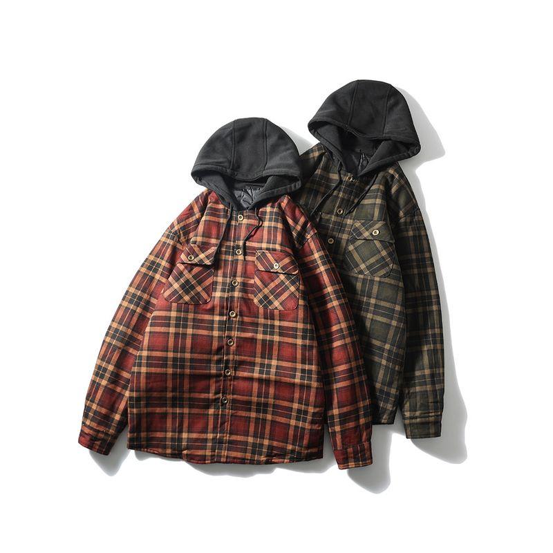 American Vintage Plaid Shirts Cotton-padded Jacket Outerwear Men's Winter Quilted Cargo Jacket Foreign Trade Men's Hood Shirt