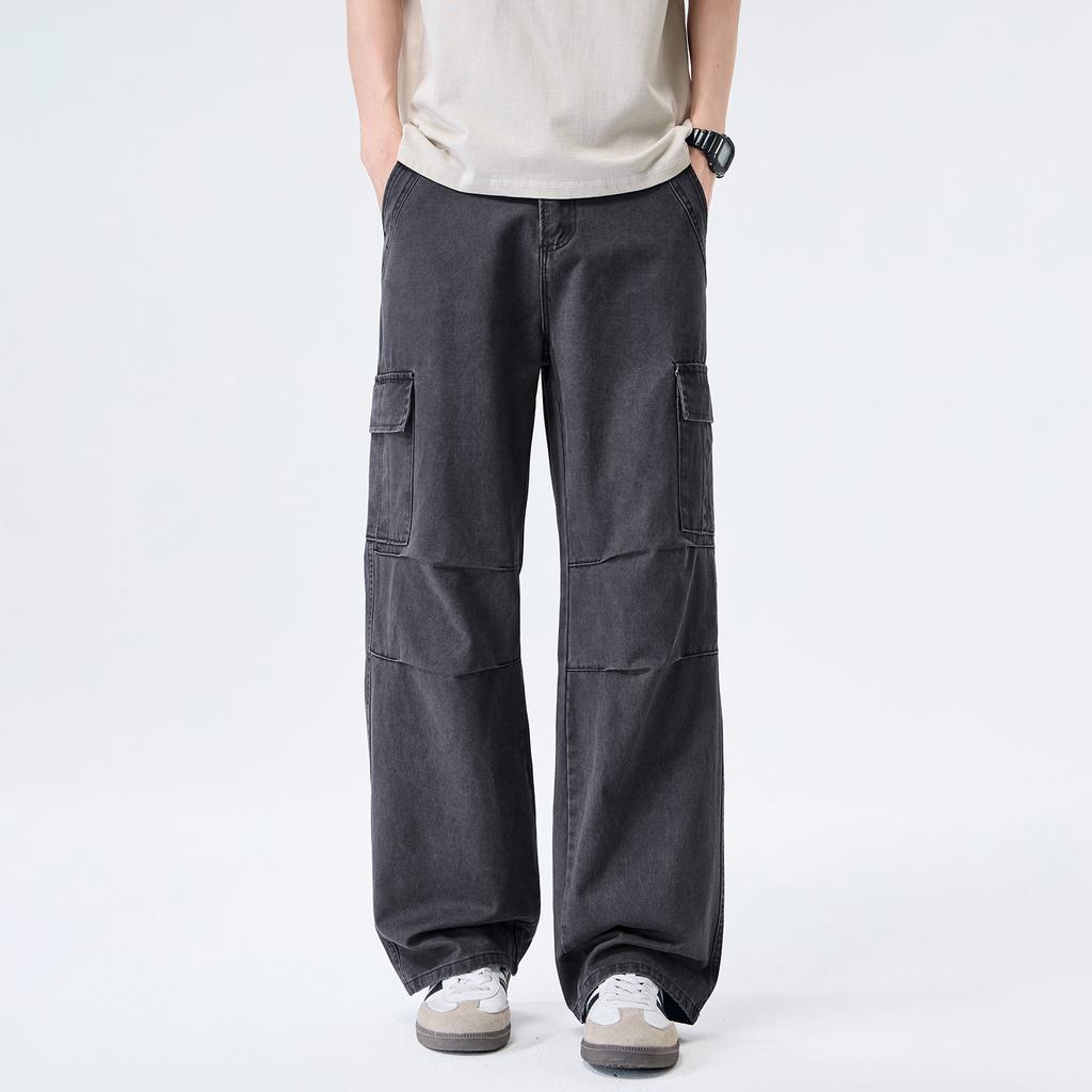 American high street tide brand washing tooling casual pants men's trend fashion loose straight splicing multi-pocket trousers