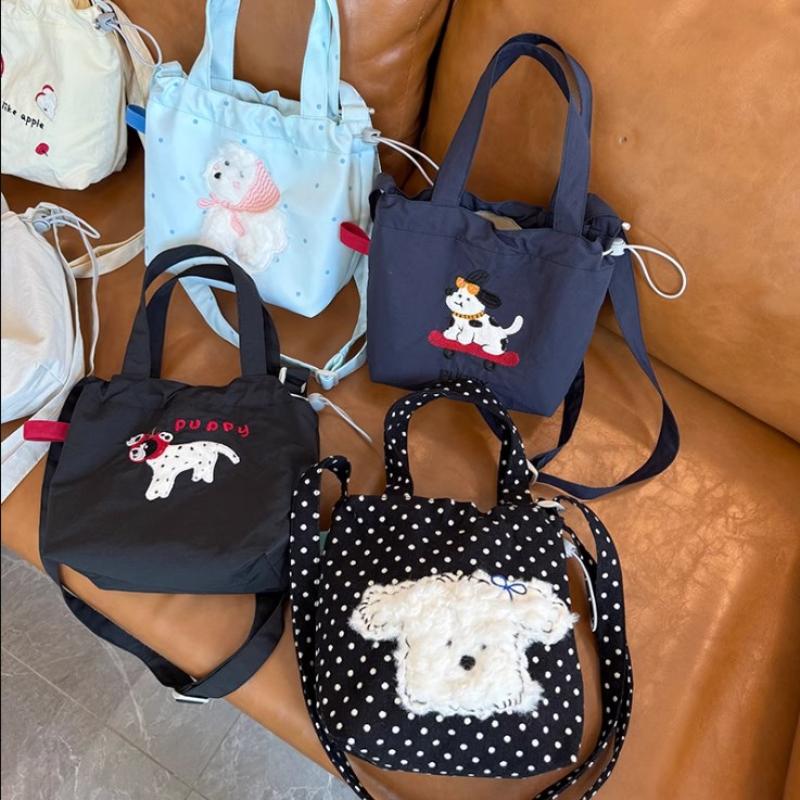 Cute Embroidery Women'S Drawstring Shoulder Bag Cartoon College Girls Book Tote Shopping Bags Large Capacity Female Handbags