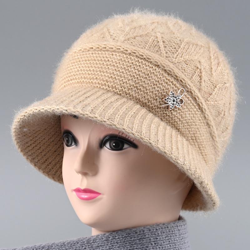 Hat Female Autumn and Winter Rabbit Hair Big Eaves Knitted Hat Old Hat Old Lady Fleece Warm Wool Hat