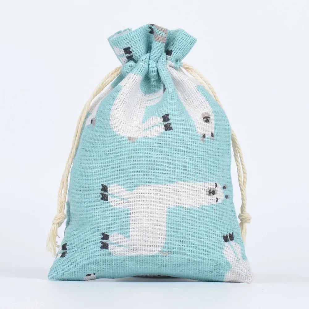 10pc Drawstring Cotton Linen Print Organizer 10x14/13x18cm Women Jewelry Cosmetics Cloth Bag Christmas Gift Bag Party Decoration
