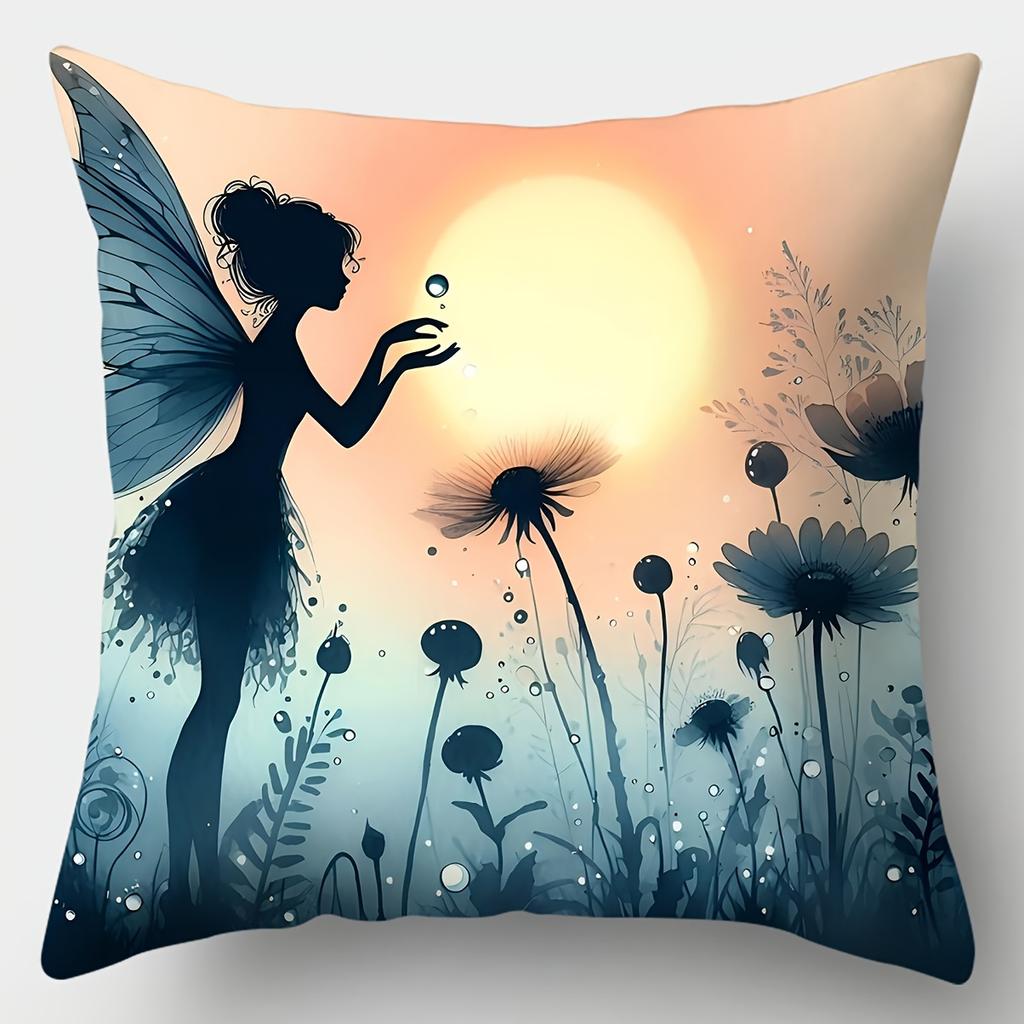Fantasy Magic Style Pillow Covers, Playful Silhouette Fairy & Wildflower Print Cushion Cases Home Decor For Bedroom Living Room