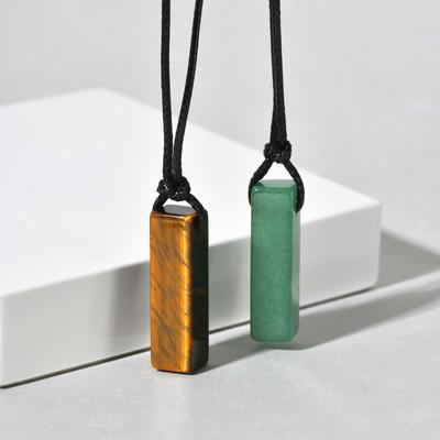 Retro Tiger Eye Natural Stone Pendant Necklace for Men, Adjustable Long Wax Rope Green Stone Square Pendant, Fashion Jewelry