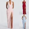 Women Halter Deep V Neck Ruched Maxi Dress High Slit Sleeveless Solid Color Evening Gown