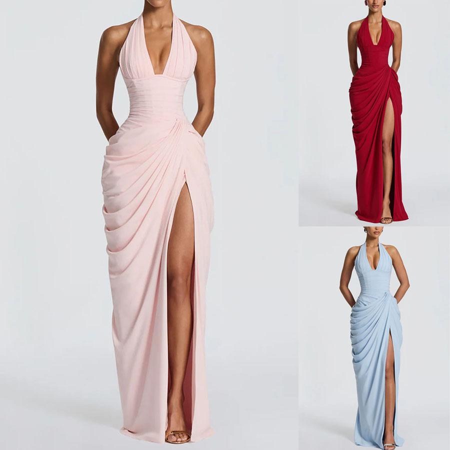 European, American spring and summer new neck split dress INS casual vacation long lace-up dress