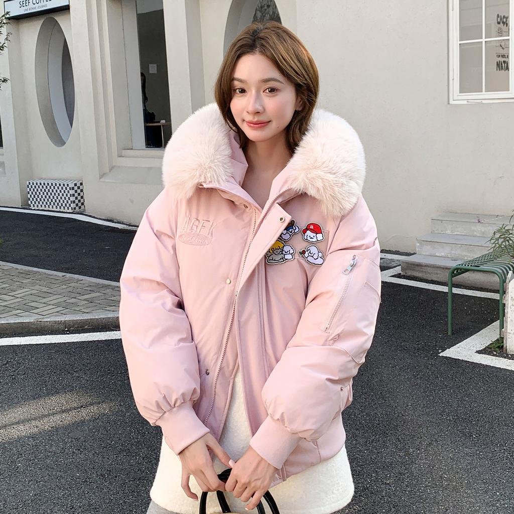 Hooded big fur collar cotton clothes women's cartoon patch short loose winter women's multi-color clothing