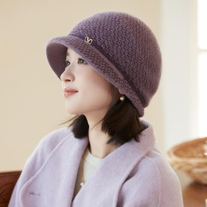 Rabbit wool knitted bucket hat temperament fleece basin hat middle elderly mother elegant warm wool hat