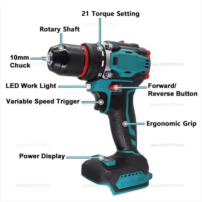 Brushless Electric Drill with 2-Speed Metal Chuck Compact Screwdriver for Projects Compatible with Makita 18V Battery(No Battery