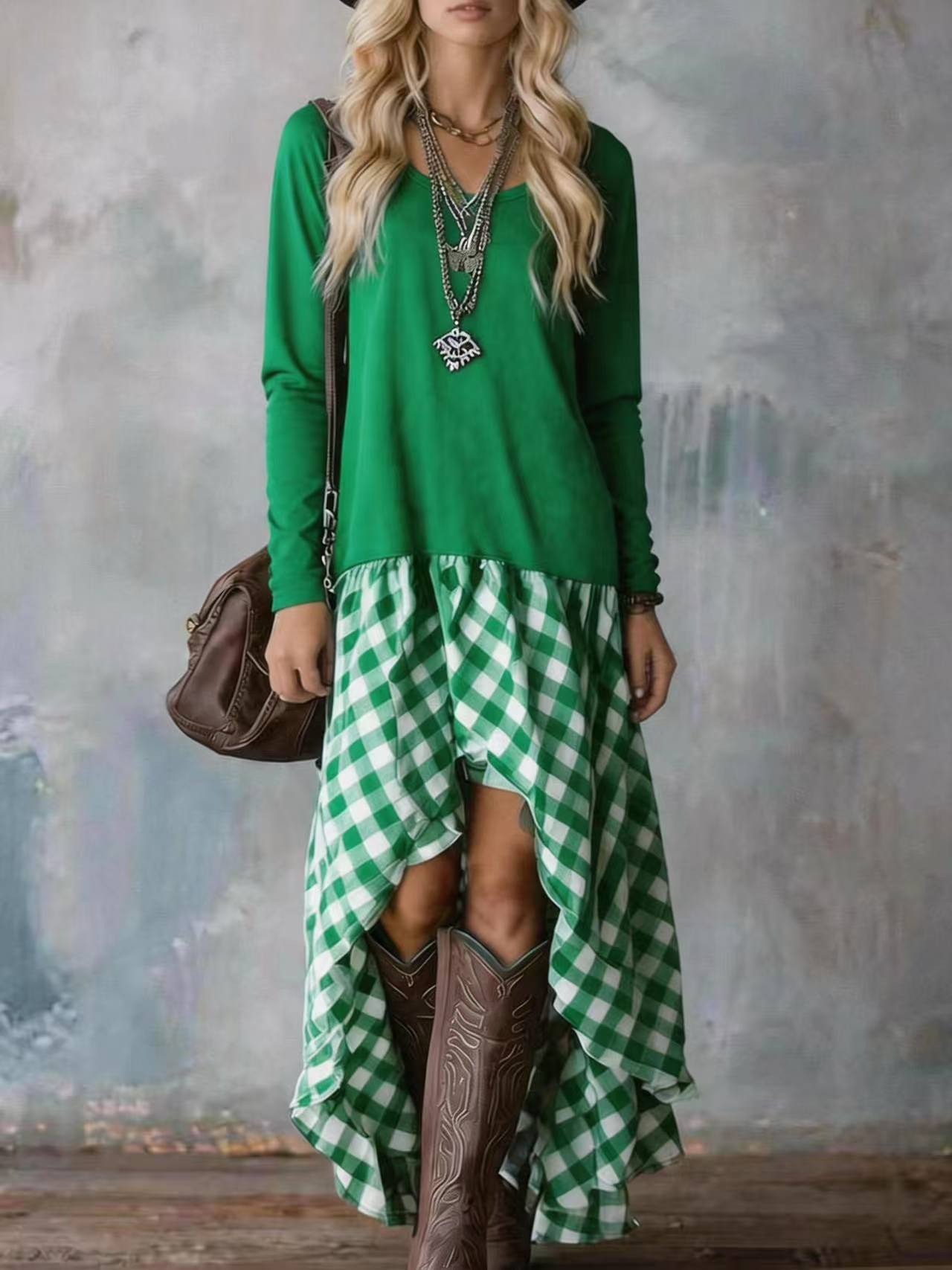 Spring and Autumn Women s Irregular Long Sleeve Dress Casual Plaid Splicing Bohemian Dress S
