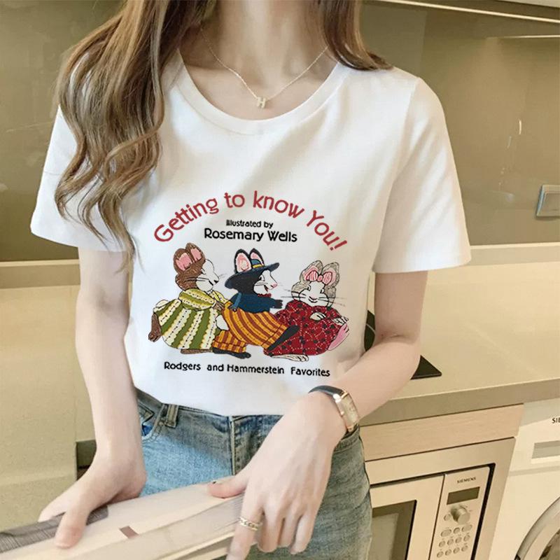 Black Cotton Short-sleeved T-shirt for Women In Summer New Fashionable and Beautiful Shirt Cartoon Printed Shoulder T-shirt Top