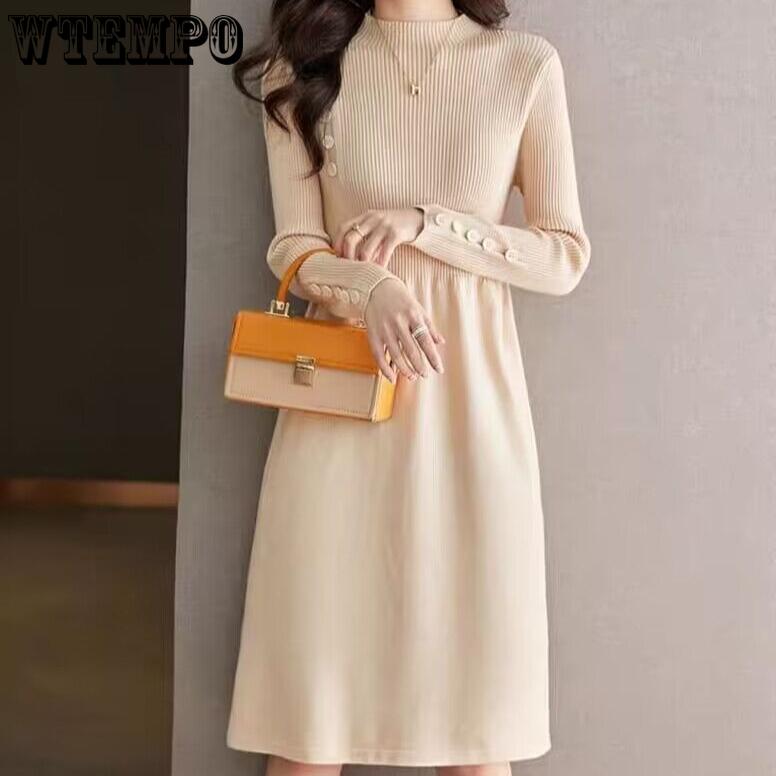 Half Turtleneck Knitted Dress for Women Solid Color Casual Knee-length Sweater Dress Mid-length Knitted Sweater for Autumn and Winter