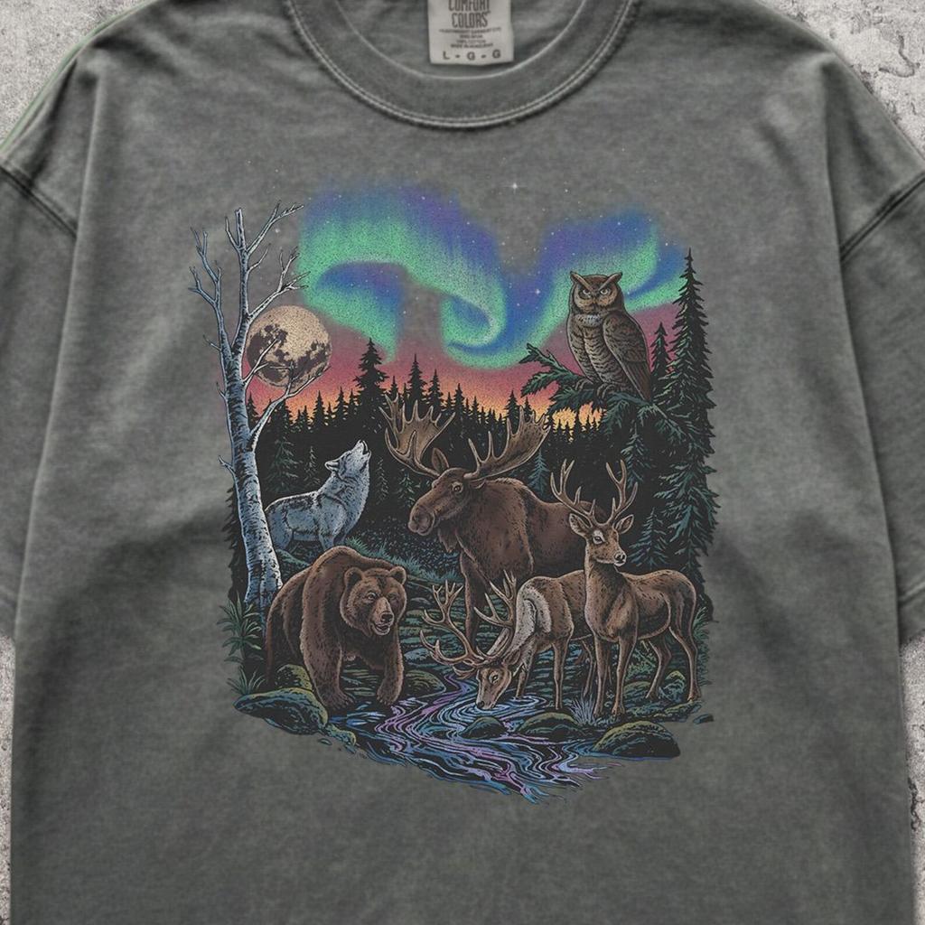 Vintage Wildtiere Komfortfarben T-Shirt - Elch Bär Wolf Hirsch Natur T-Shirt