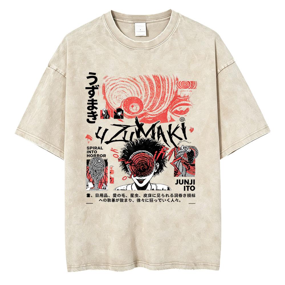 Unisex Washed Vintage Horror Anime Junji Ito Uzumaki Graphic T-shirt Men Women Manga Retro Oversized T Shirt Y2k Casual Cotton T-shirts