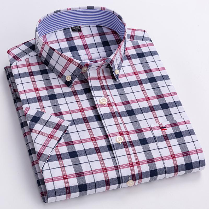 Letnie Nowe Męskie Koszule Oxford Krótki Rękaw 100% Bawełna Kratka Miękkie Regularny Krój Formalna Koszula Elegancka Koszula Społeczna Odzież Męska