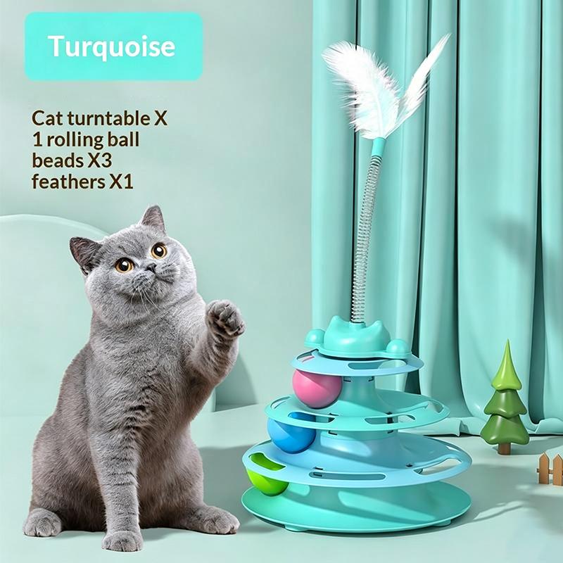 3 Layer Cat Turntable Toy Rolling Ball Track With Feather Teaser Interactive Cat Game Toy For Indoor Kitten Play