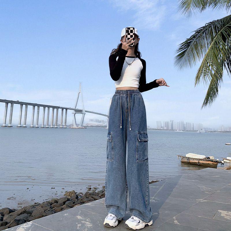 

Korean Style Plus size women clothing 115.00kg Chubby Girl Fleece-lined Thick Cargo Lazy Loose High Waist Denim Wide Leg Pants M-6XL Blue XL