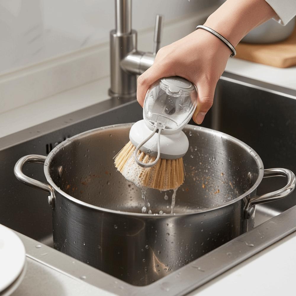 2PCS/SET Press-Type Automatic Liquid Dispensing Pot Brush Plastic Pot Cleaning Brush Pot Cleaning