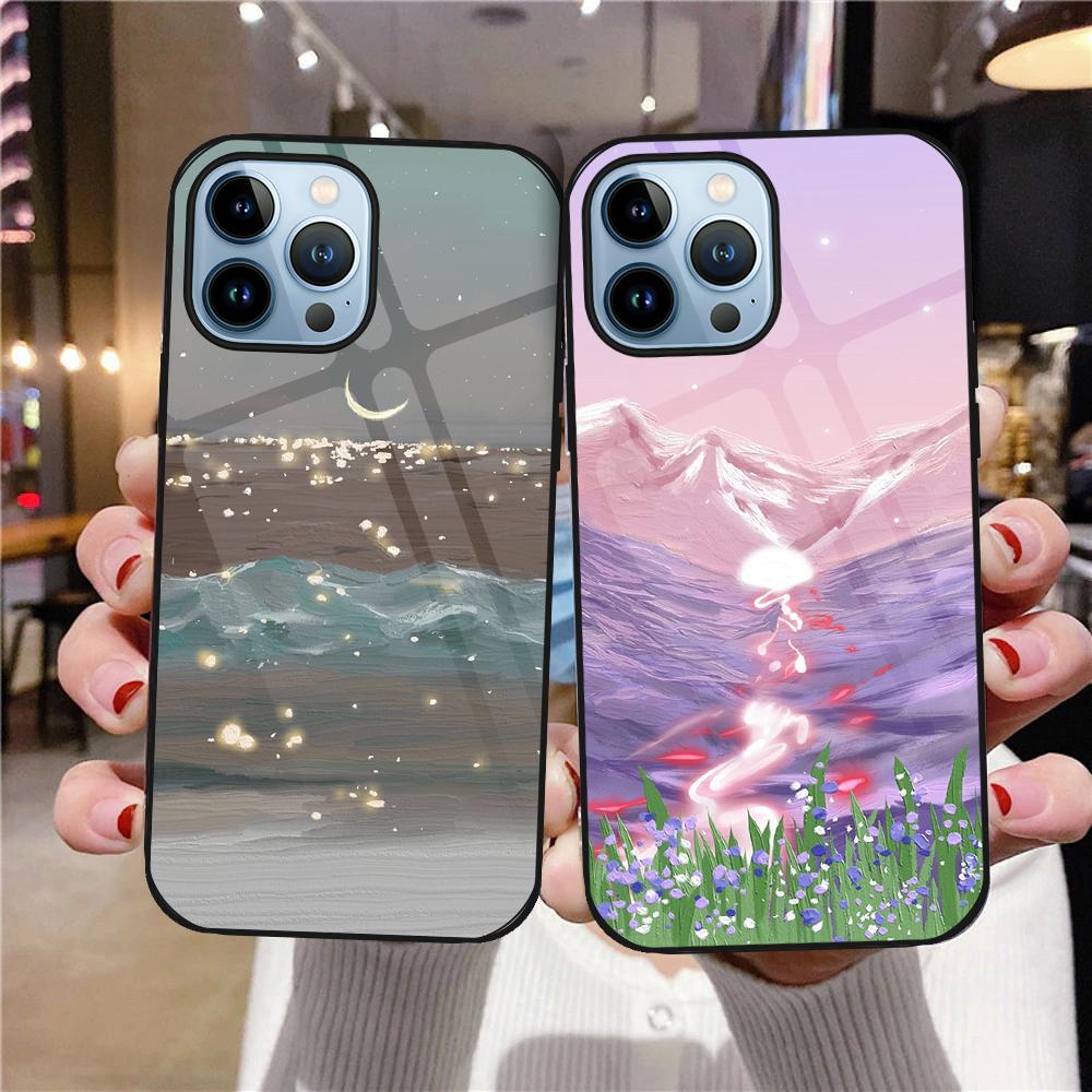 Husă cu peisaj pictat pentru Iphone 14 13 11 12pro Max Mini Xs Xr X Husă din sticlă securizată pentru Iphone 7 8 6s Plus Se 2022 Coque Capa