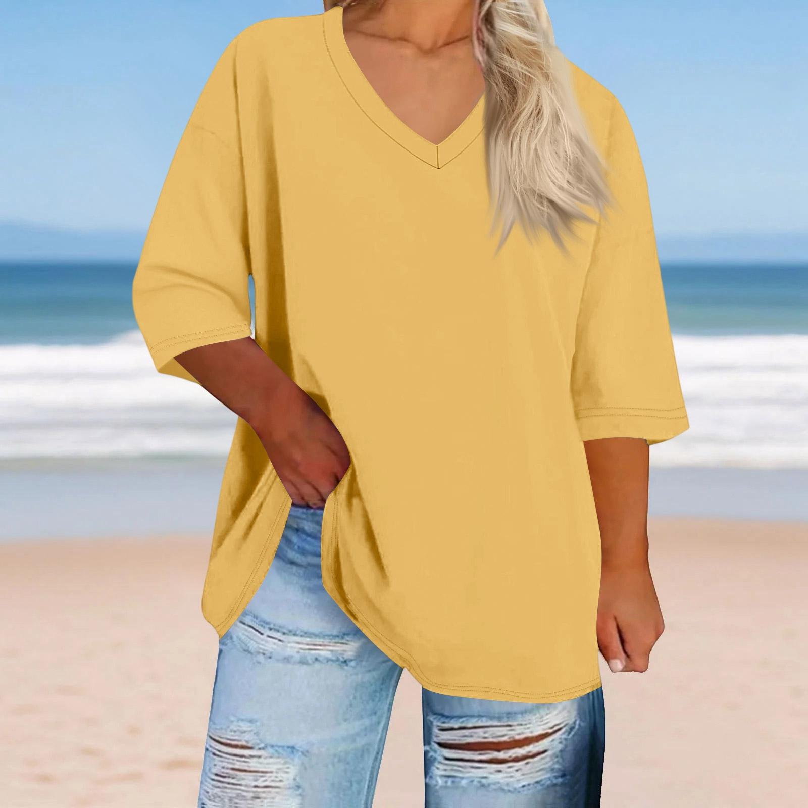 

Women s Plus Size Fashionable Casual Loose-Fit V-Neck 3/4-Sleeve Top XXXL жовтий
