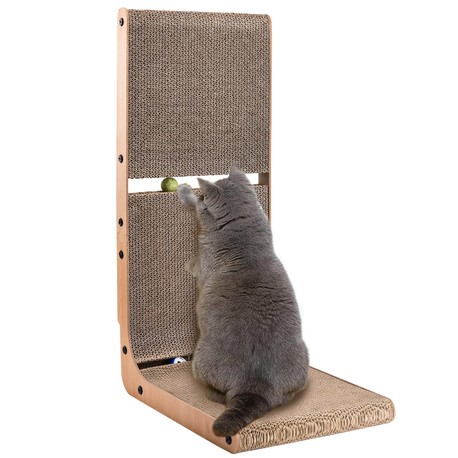 

AUSCAT Cat Scratching Wall, Cardboard, L-Shaped Cat Scratching Post with Toy Ball, Vertical, H69cm