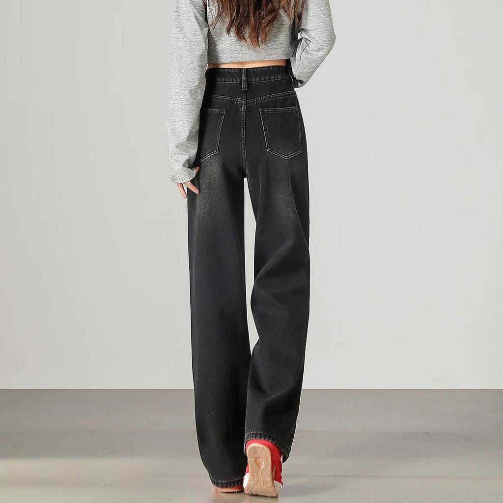 TonLion Autumn Winter Women's Basic Fleece-Lined Straight-Leg Denim Jeans