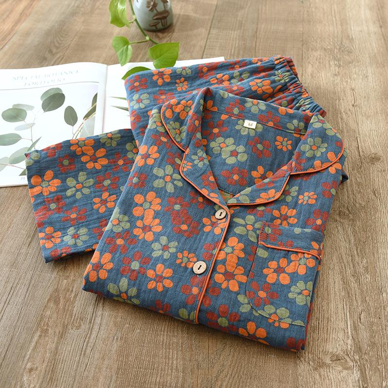 

Женская пижама с этническим цветочным принтом - С длинным рукавом, из чистого хлопка, двухслойная марля, для весны и осени - Идеально для женщин среднего и пожилого возраста. XL