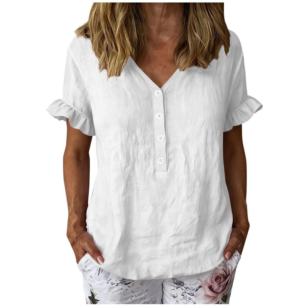 Women’s Casual Button Front Ruffle Sleeve Shirt Loose Fit Cotton Linen Blouse Relaxed Fit V Neck Top for Daily Wear