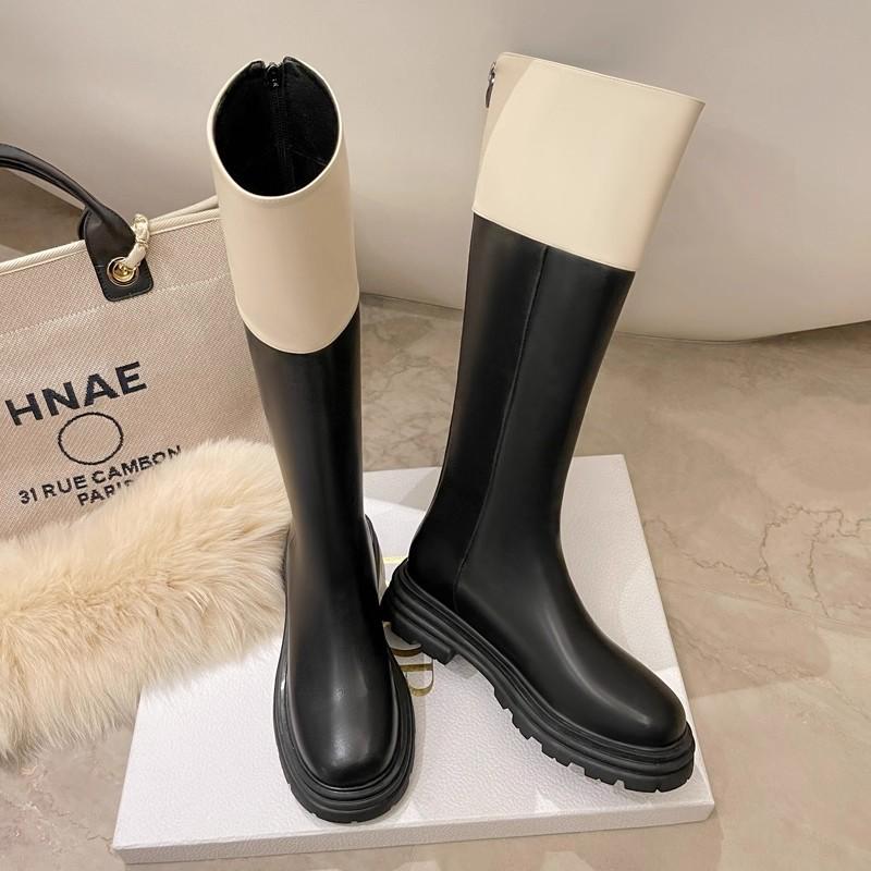 Women's Shoe Splicing Boots, New Xiaoxiangfeng High Boots In Autumn and Winter 2025, Color Matching Thick-soled Rear Zipper Knight Boots