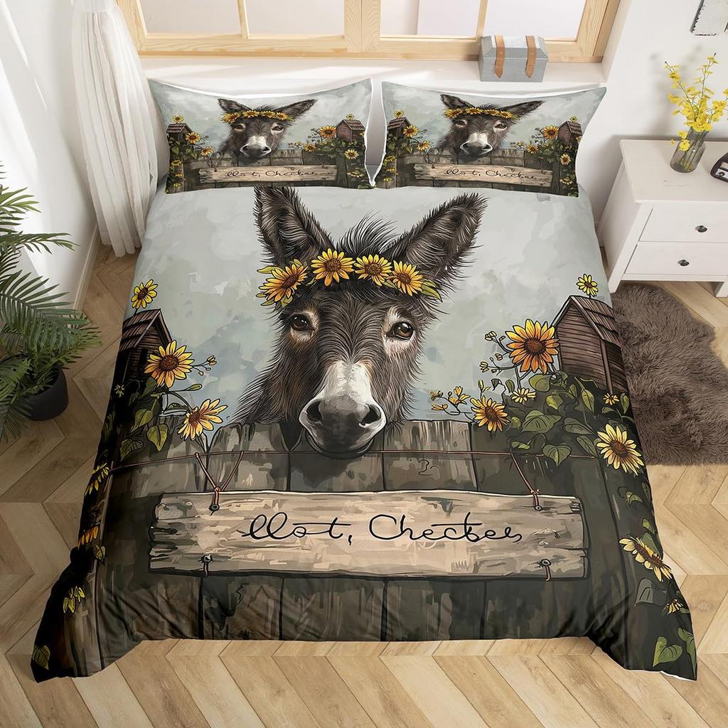Cute Donkey Duvet Cover Rustic Barn Door Full Bedding Set Farmhouse Decor Farm Animals Comforter Cover Sunflower Flower Bed Set