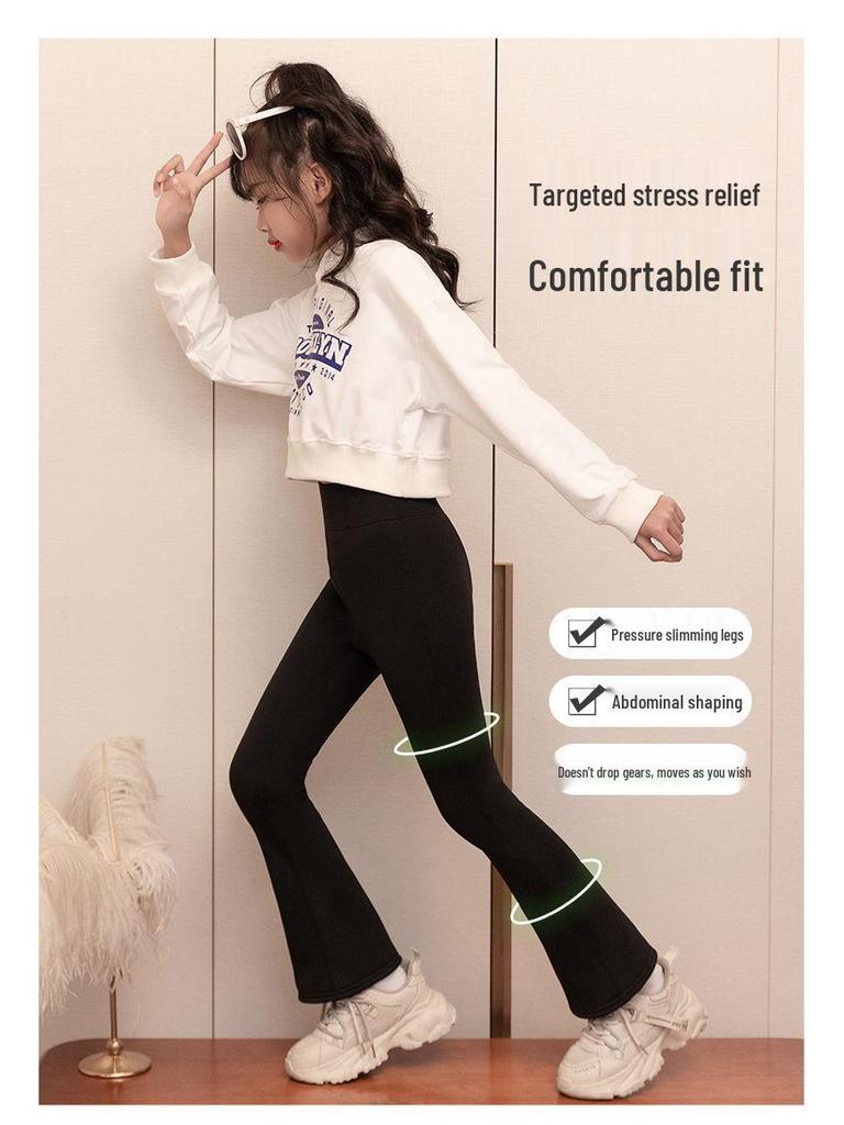 Girls' Fleece-Lined Shark Pants - High-Waisted, Slim-Fit, Flared Yoga Leggings for Autumn/Winter