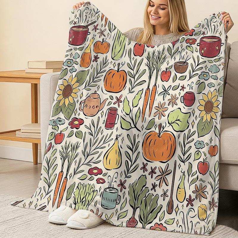 Cute Fruits & Floral Print Flannel Blanket Skin-Friendly Soft Warm Plush Throw, Decorative for Home, Dorm, Festive (Xmas/Halloween) Use