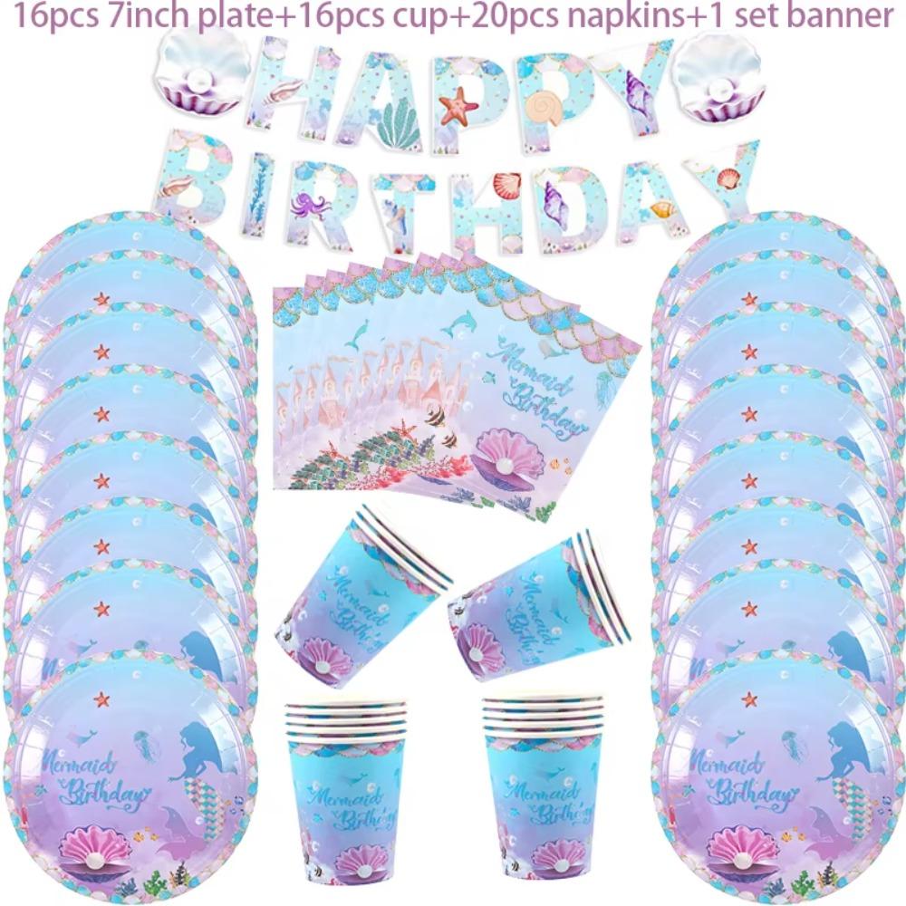 Mermaid Party Decorations Supplies Mermaid Disposable Plates Cup Napkins Set for Girls Baby Shower Mermaids Princess Birthday