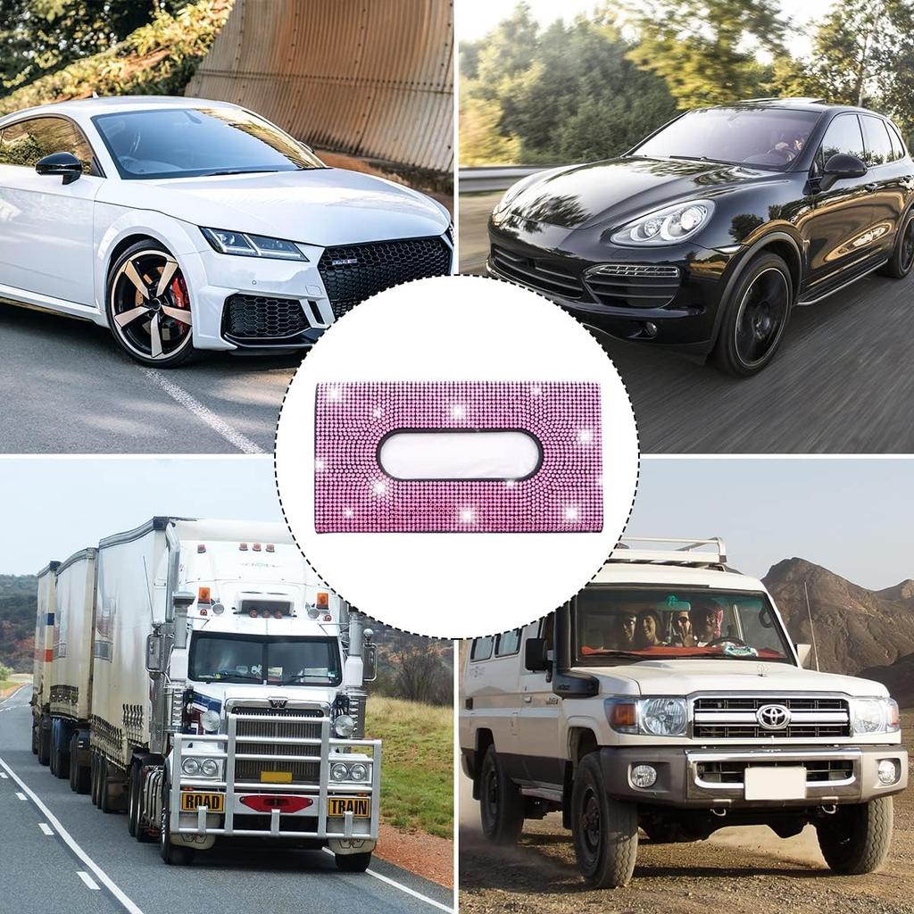 Bling Car Sun Visor Tissue Box Holder, Rhinestone PU Leather Crystal Sparkling Napkin Holder, Backseat Paper Towel Cover Case Car Accessories for