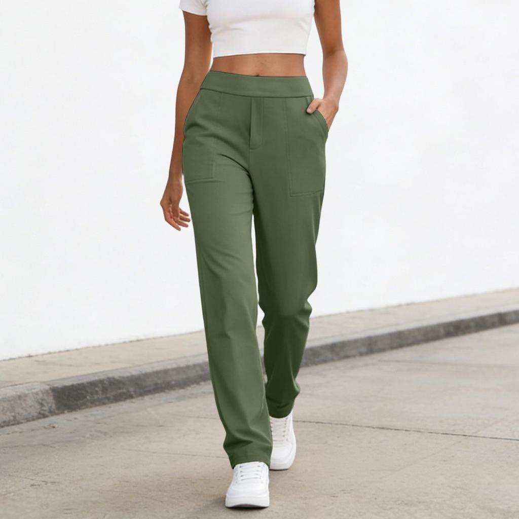 Women's Fashionable Color High Waisted Elastic Straight Leg Casual Pants With Pockets, Yoga And Fitness Pants